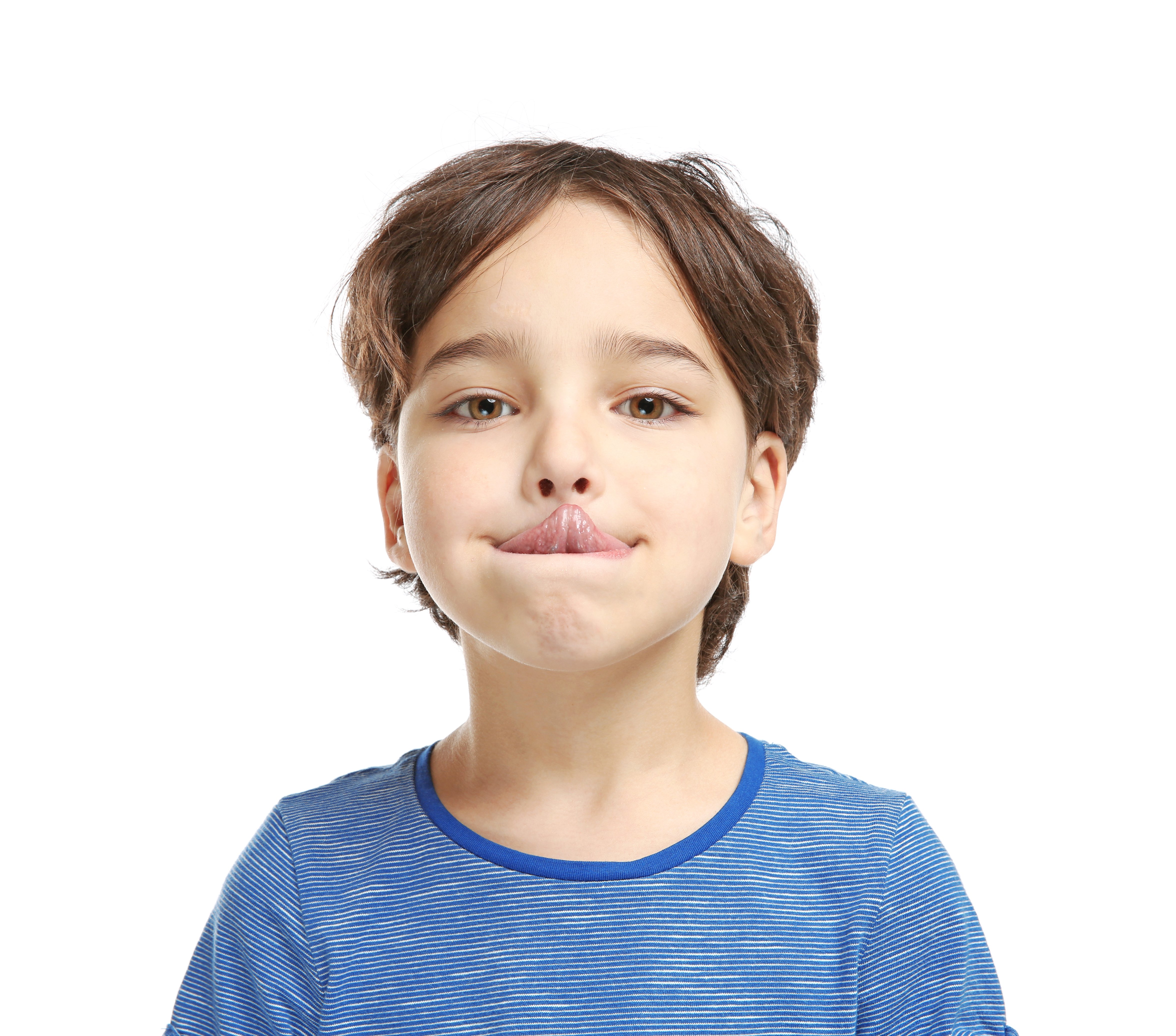 Little boy training pronounce letters on white background